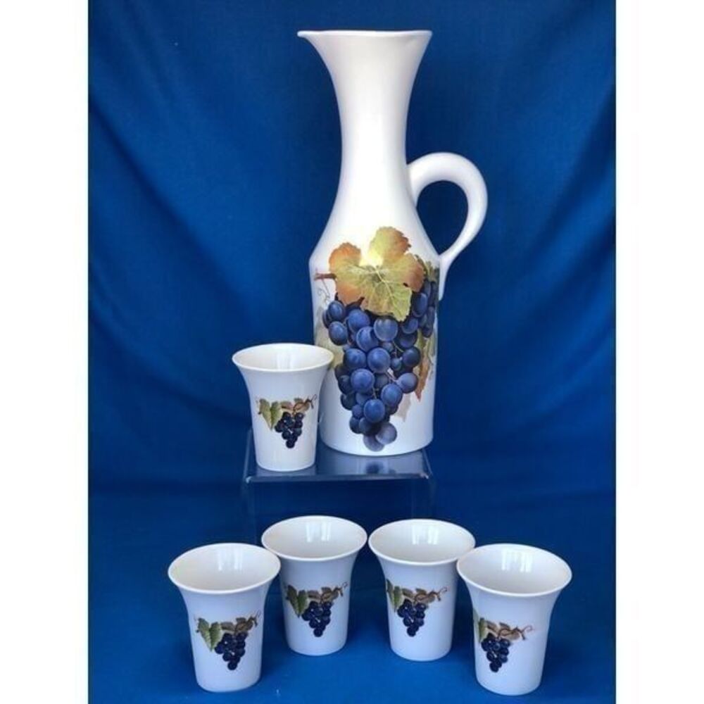 Vintage Naaman Israel Porcelain Grapes Decanter Pitcher & 5 Cups 6pc